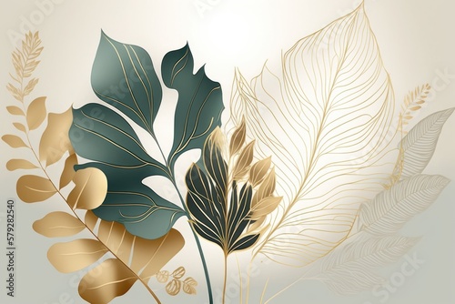 Minimal luxury style wallpaper with golden line art flower and botanical leaves background. Generative ai.