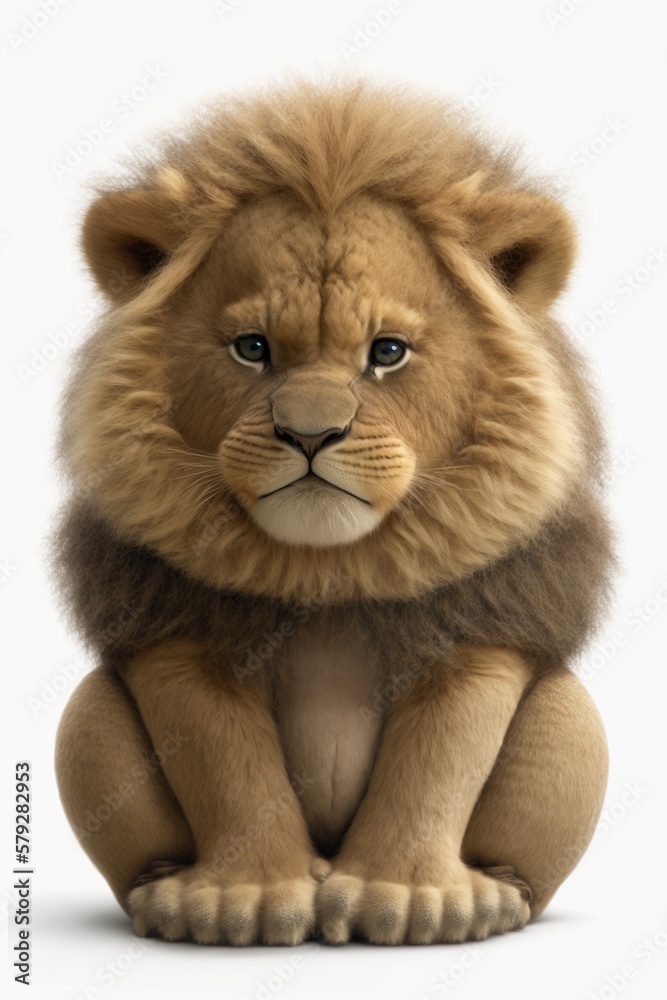 Generative AI of a cute lion sitting isolated on a white background - obrazy, fototapety, plakaty 