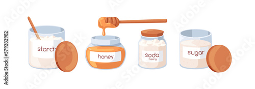 Starch, honey, baking soda, sugar in glass jars set. Bakery ingredients. Bakers cooking kitchen essentials, food for confectionery, candy. Flat vector illustrations isolated on white background