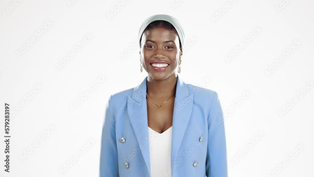 Smile, happy and face of black woman on a white background for confident, success and empowerment. Mockup space, fashion and portrait of isolated girl for wellness, beauty or business style in studio Smile, happy and face of black woman on a white background for confident, success and empowerment. Mockup space, fashion and portrait of isolated girl for wellness, beauty or business style in studio