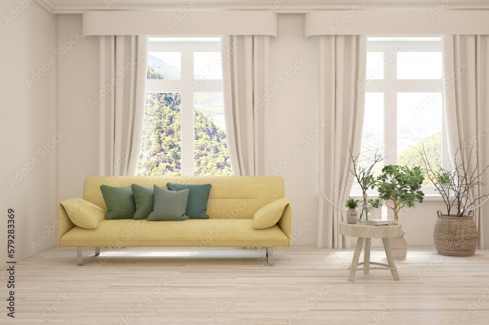 Fototapeta premium White living room with sofa and summer landscape in window. Scandinavian interior design. 3D illustration