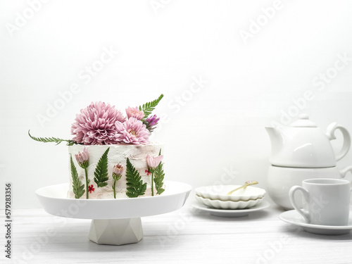 Wallpaper Mural Decorated by flowers white naked cake, rustic style for weddings, birthdays and events. On white background. Torontodigital.ca