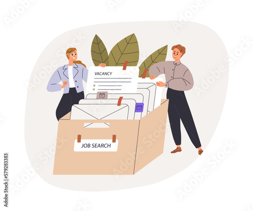 Job search concept. Applicants, candidates finding vacancies, looking for career opportunities, choosing from employment offers, open positions. Flat vector illustration isolated on white background
