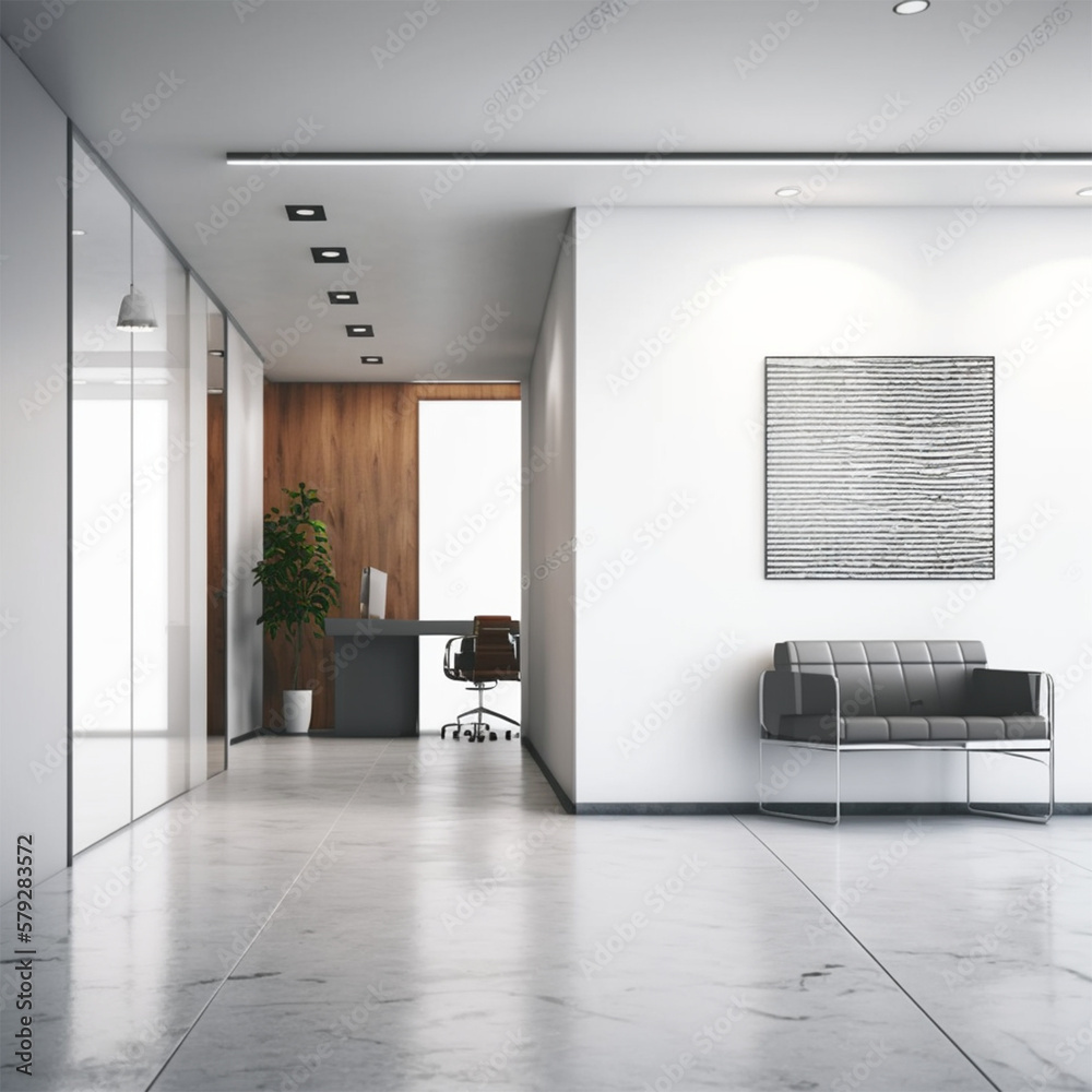 Fototapeta premium Comfortable office lobby interior with blank white wall.