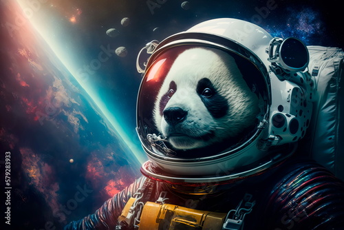 Beautifu panda in outer space.First trip to space. Generative AI