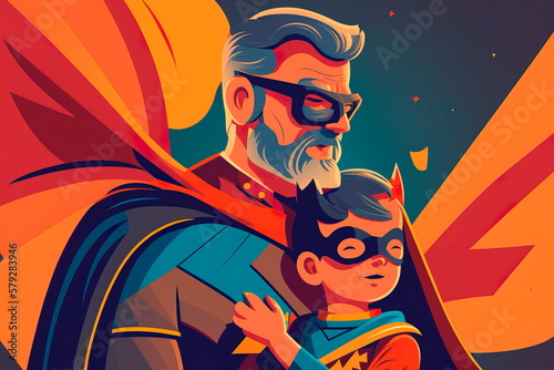 Happy Father's Day. A dad in a superhero costume is holding a hero son Generative AI