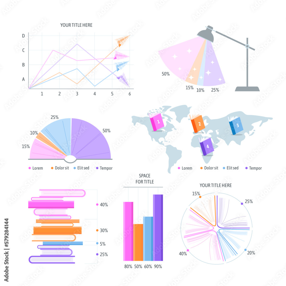 Conjunto de elementos vectoriales infográficos sobre lectura y libros