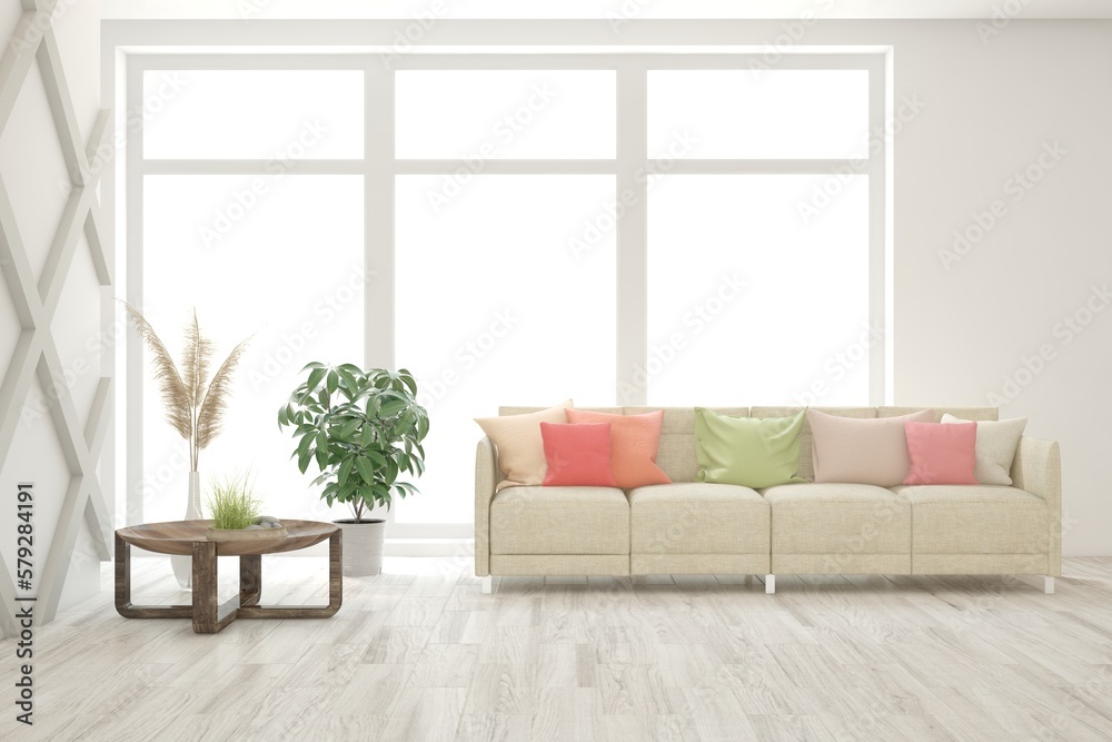 Fototapeta premium White living room with sofa. Scandinavian interior design. 3D illustration