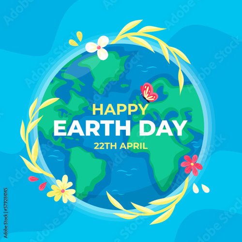 Ilustración del día mundial de la tierra con el planeta tierra y objetos relacionados con la naturaleza