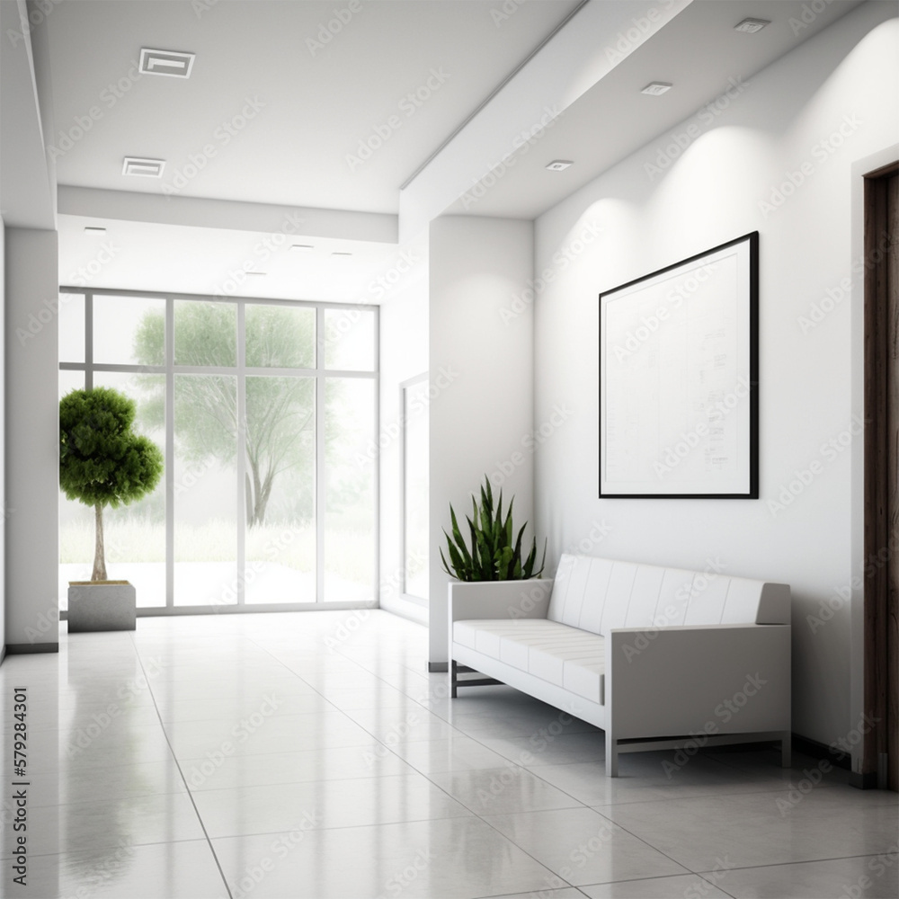 Fototapeta premium Comfortable office lobby interior with blank white wall.