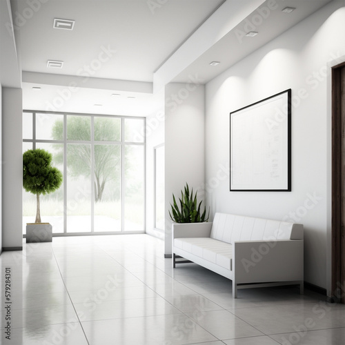 Comfortable office lobby interior with blank white wall.