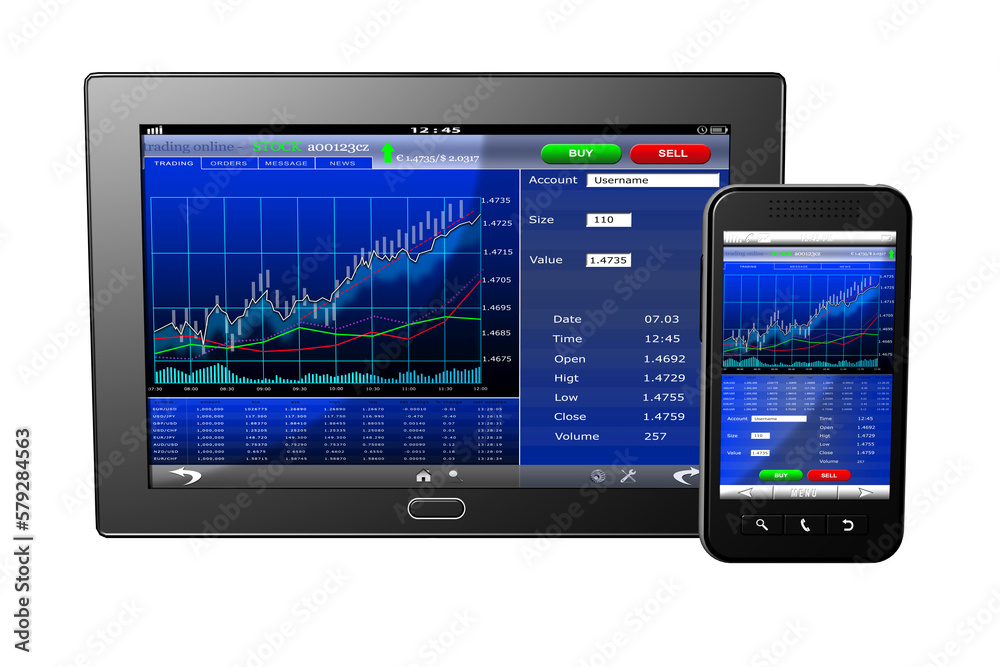 PNG. Trasparente. Dispositivi informatici mobili con schermata relativa a finanza, borsa, banche..