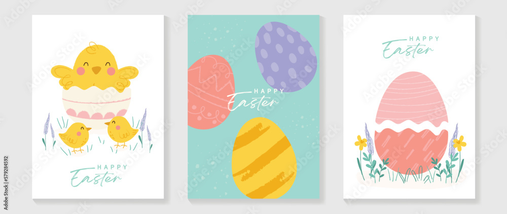 Happy Easter element cover vector set. Hand drawn cute playful chicks decorate with easter eggs and flowers on pastel background. Collection of adorable doodle design for decorative, card, kids.