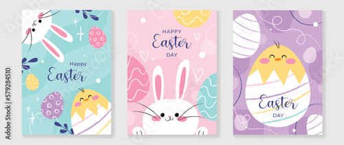 Happy Easter element cover vector set. Hand drawn playful cute rabbit decorate with easter eggs, chicks, leaf branch, heart, sparkles. Collection of adorable doodle design for decorative, card, kids.