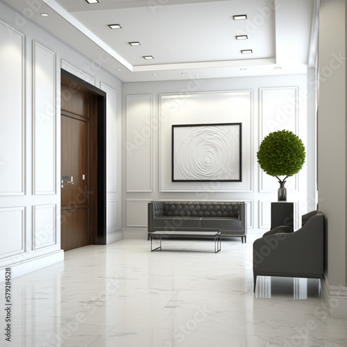 Comfortable office lobby interior with blank white wall.