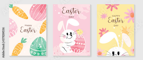Happy Easter element cover vector set. Hand drawn playful cute rabbit decorate with watercolor easter eggs, chicks, carrots, flowers. Collection of adorable doodle design for decorative, card, kids.