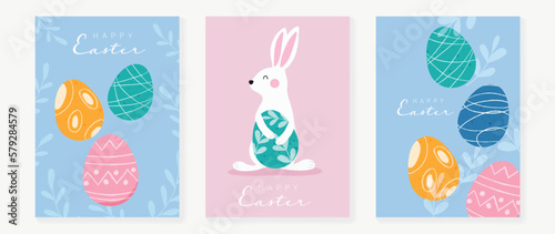 Happy Easter element cover vector set. Hand drawn cute white rabbit decorate with easter eggs and leaf branch on pastel background. Collection of adorable doodle design for decorative, card, kids.