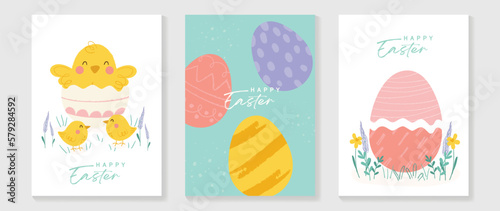 Happy Easter element cover vector set. Hand drawn cute playful chicks decorate with easter eggs and flowers on pastel background. Collection of adorable doodle design for decorative, card, kids.