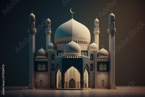 White gold elegant luxury islamic mosque for ramadan mubarak celebration created by Generative AI
