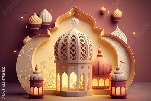 Modern colorful islamic mosque for ramadan celebration created by Generative AI