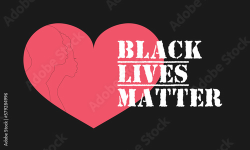 Black lives matter. Head silhouettes of a black woman and a man in a red heart.