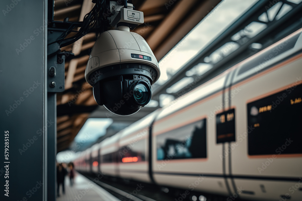 A security camera monitoring busy train station. Generative AI illustration. A security camera monitoring busy train station. Generative AI illustration.
