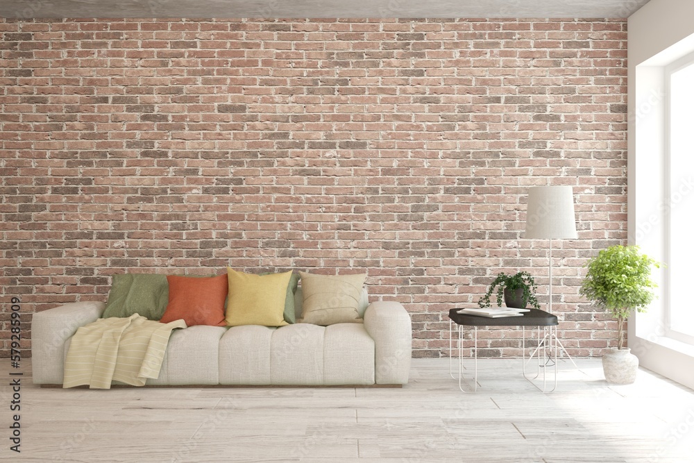Picture of White living room with sofa and red brick wall. Scandinavian interior ...
