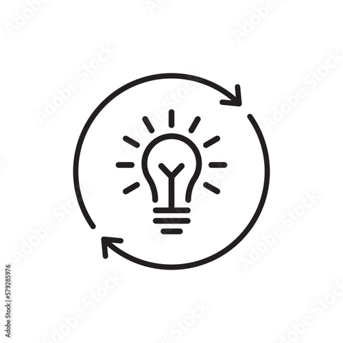 thin line light bulb and arrow like innovation. linear simple renewable energy or quizz logotype stroke art design web lineart element isolated on white. concept of aha moment or think outside the box