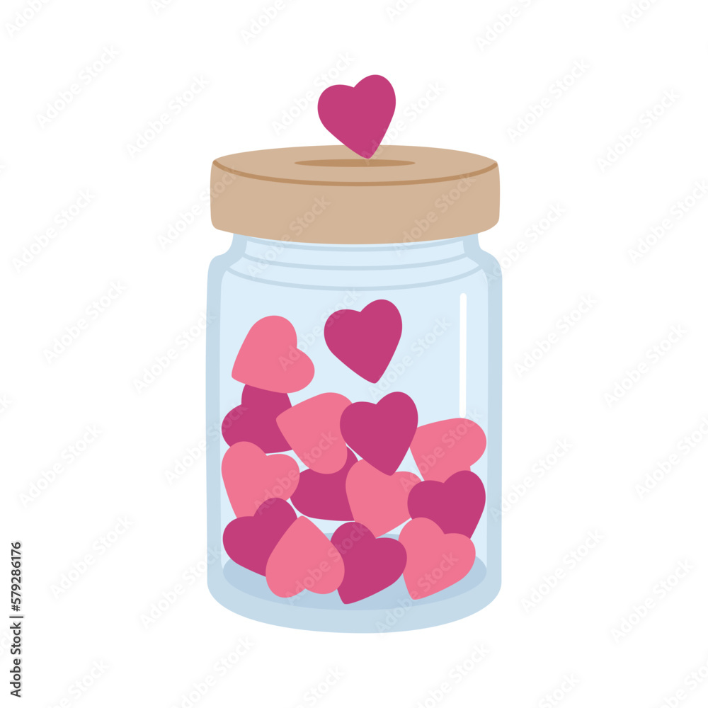 Glass jar of hearts. Charity and donation concept. Hand drawn vector illustration isolated on white background, modern flat cartoon style. Glass jar of hearts. Charity and donation concept. Hand drawn vector illustration isolated on white background, modern flat cartoon style.