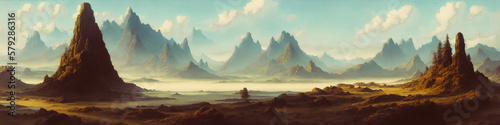 Fantasy landscape painting of ominous mountains, rivers. Dark, dangerous atmosphere. Generative AI