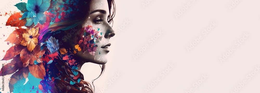 Double exposure woman profile and flowers mental health women's day illustration. Women's history month ultra-wide banner with copy space generative ai	