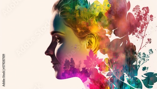 Double exposure woman profile and flowers mental health women's day illustration. Women's history month banner with copy space generative ai	