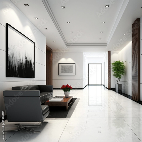Comfortable office lobby interior with blank white wall.