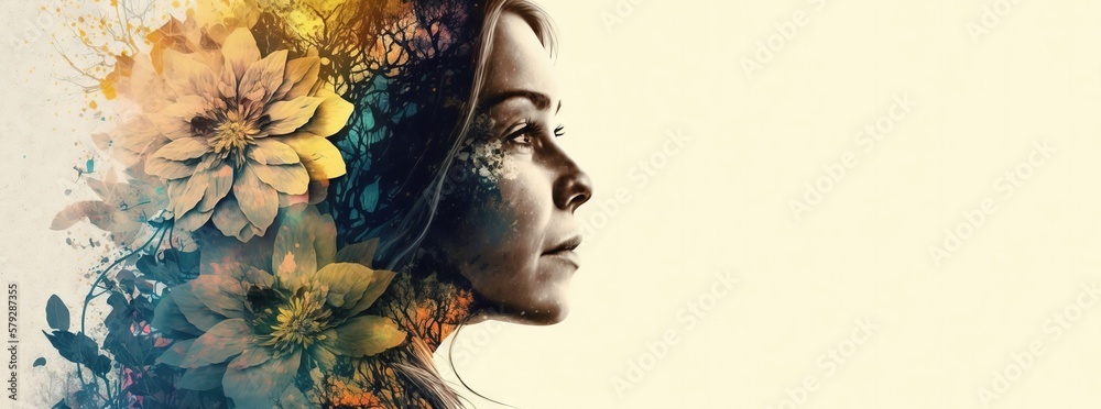 Double exposure woman profile and flowers mental health women's day illustration. Women's history month ultra-wide banner with copy space generative ai	