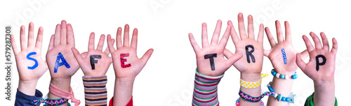 Children Hands Building Word Safe Trip  White Background
