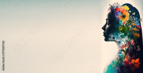 Double exposure woman profile and flowers mental health women's day illustration. Women's history month ultra-wide banner with copy space generative ai 