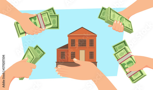 Hands holding money and house vector illustration. Many people wanting to buy property on white background. Housing shortage, housing crisis, rising inflation, property market collapse concept