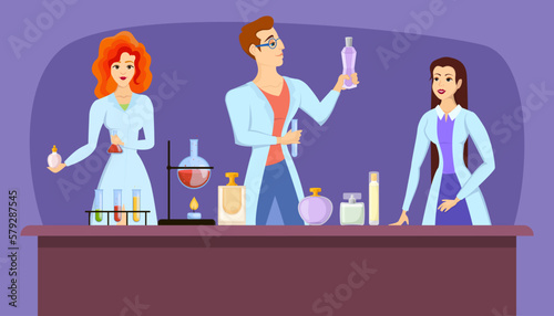 Perfumers creating new perfume fragrance vector illustration. Male and female scientists with bottles and flasks on purple background. Digitizing scent, AI, machine learning, perfumery concept