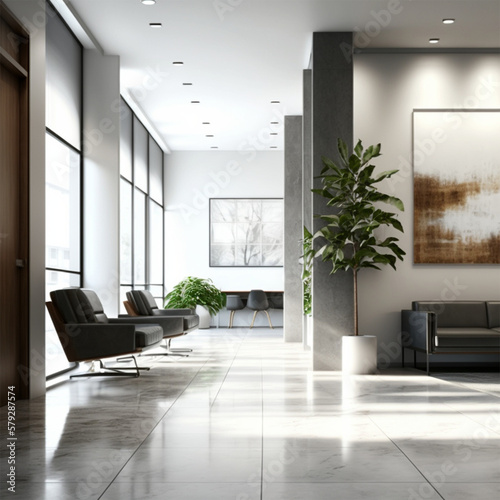 Comfortable office lobby interior with blank white wall.