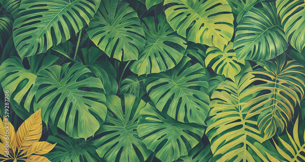 Decorative background with exotic tropical leaves and flowers. Generative AI