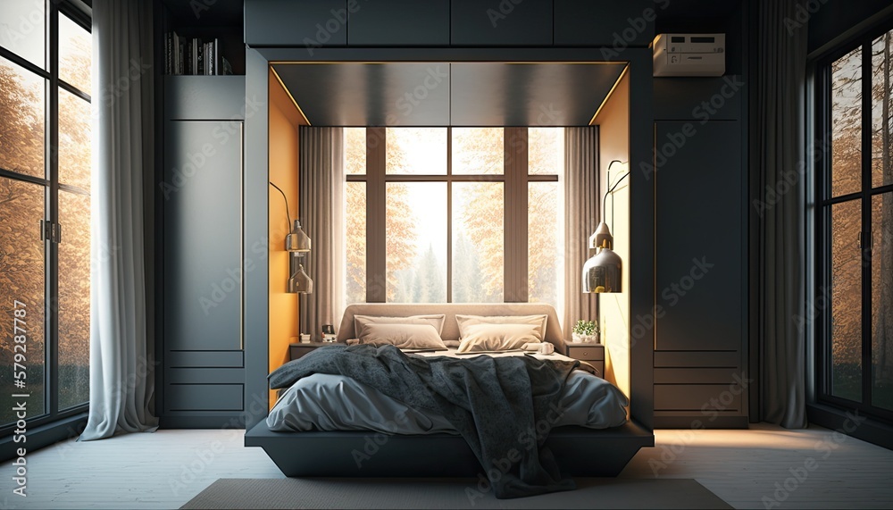 Fitted modern wardrobe around bed to have a place to store the fancy clothes, interior