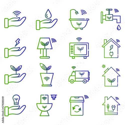 Set of vector icons related to smart green home environment. Vector illustrations such as save electricity, energy save smart home appliances and more with editable gradient color outline.