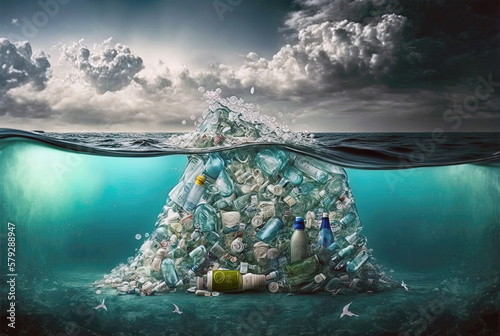 Plastic bags and garbage floating in the sea or ocean. Concept of environmental ocean and water pollution with garbage plastic and human waste. Ai generated art