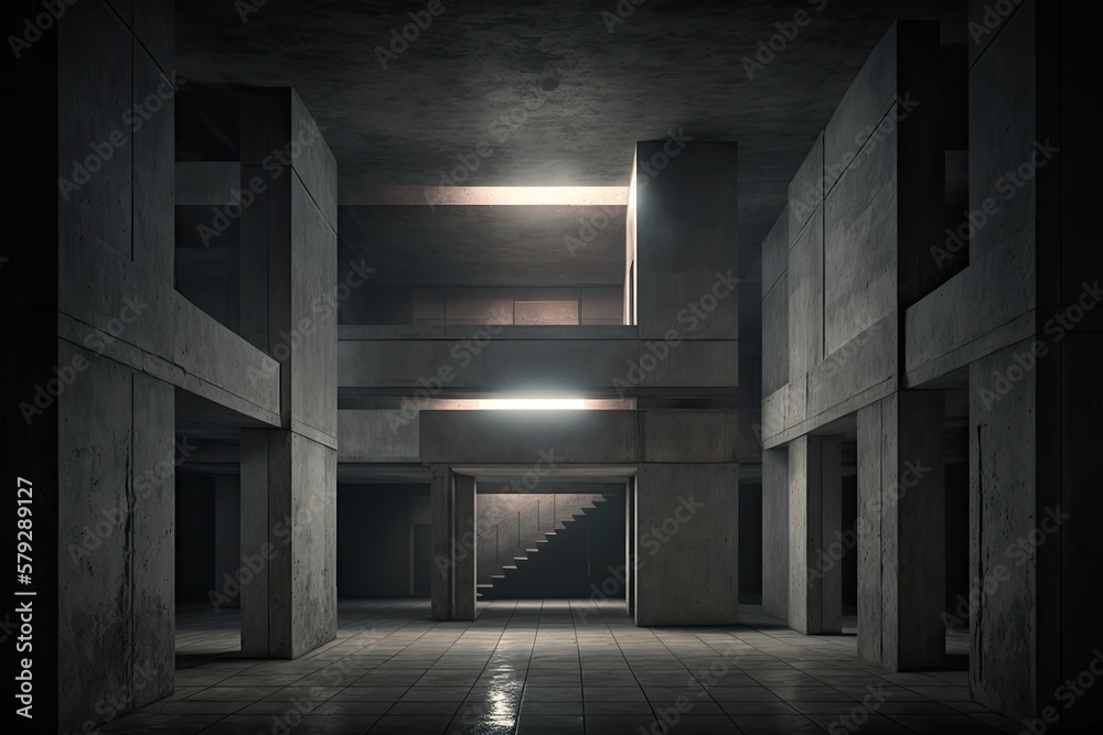 Abstract interior design of a building, a darkened concrete room with above lights. Generative AI