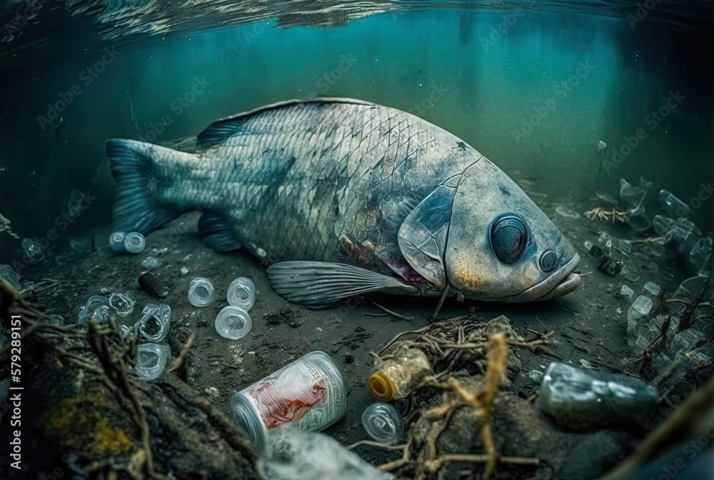 Dead fish with plastic trash in the ocean. Pollution in the seas and ...