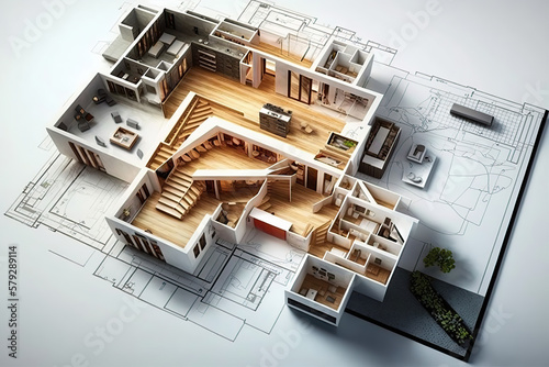 House on white background, architectural plan draw. Generative AI illustration. photo