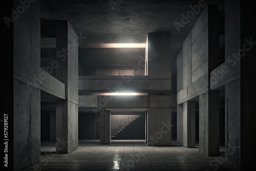 Abstract interior design of a building, a darkened concrete room with above lights. Generative AI © 2rogan