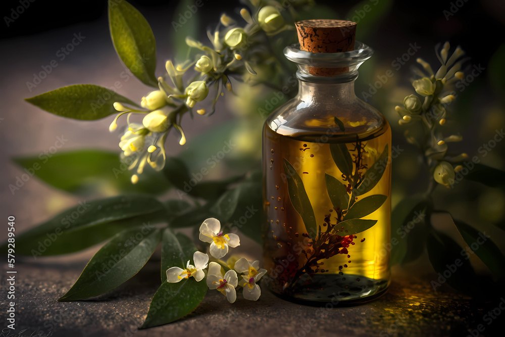 Myrtle aromatic oil, closeup, macro, Generative AI Myrtle aromatic oil, closeup, macro, Generative AI
