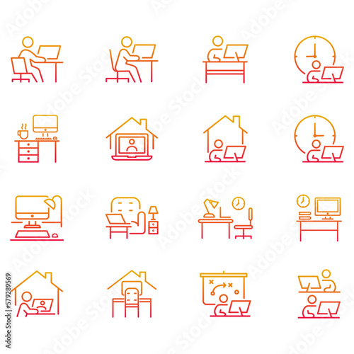 Set of vector icons related to workplace. Vector illustrations such as team work, work at home, workspace and more with editable gradient color lines.