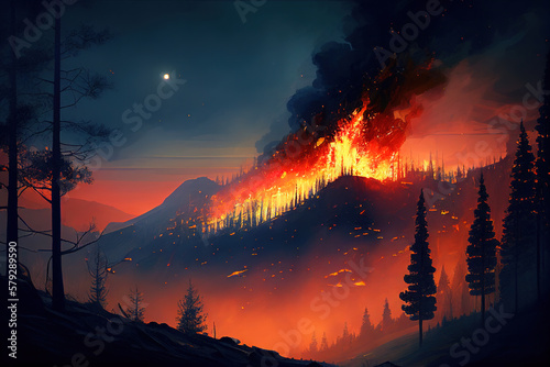 Fotografiet Forrest fire. Burning trees
